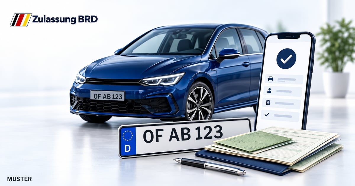 Online Fahrzeugzulassung in Hainburg: Musterkennzeichen OF AB 123, Auto und Fahrzeugpapiere und Smartphone. Illustration mit Logo von Zulassung BRD.
